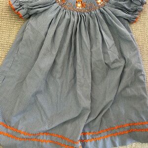 Blue Gingham Smocked Dress with Orange Trim